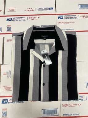 Express Men's Black, Gray & White Vertical Stripe Button-Up Shirt